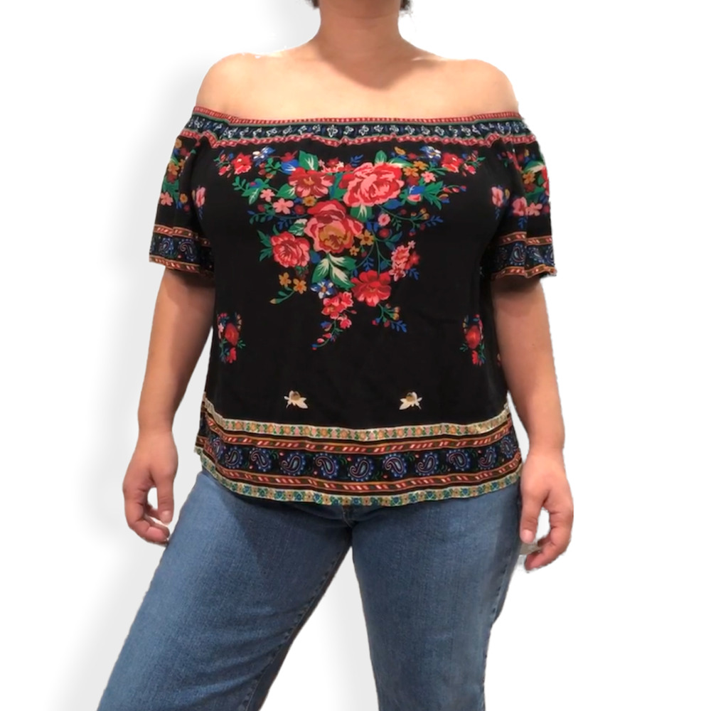 Flying Tomato Floral Off the Shoulder Top Medium Black Floral Print Shirt - Picture 4 of 14